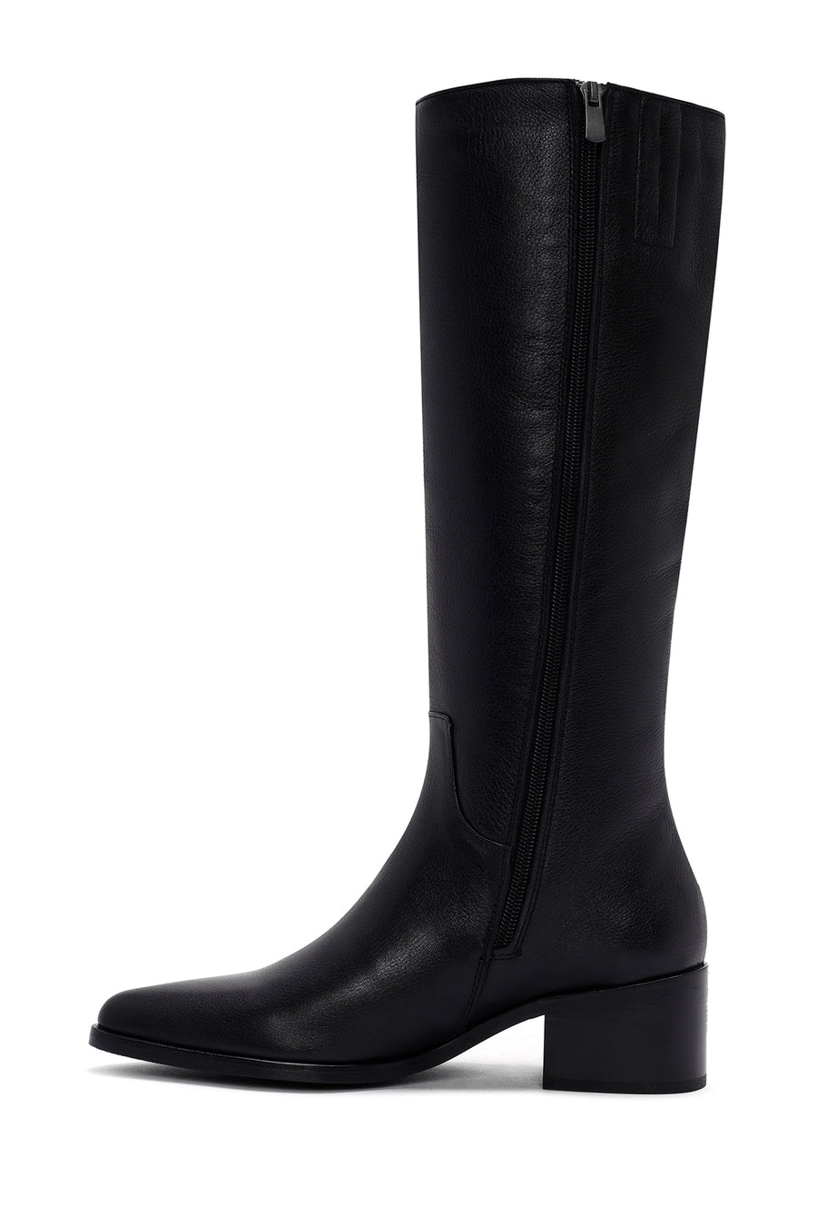 Woman Black Zip Closure Chunky Heeled Leather Boots