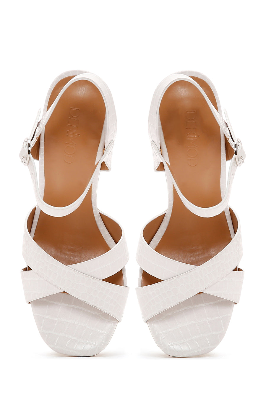 Women's White Ankle Strap Thick Heel Crocodile Sandals