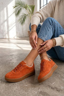 Woman Orange Lace-Up Suede Leather Leather Sneaker | Derimod