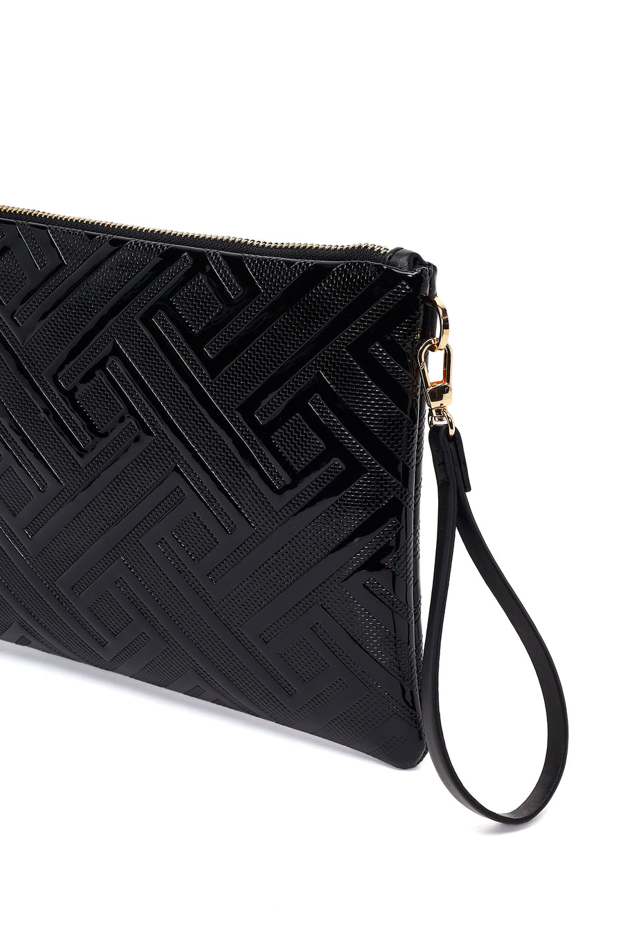 Woman Black Chain Strap Patterned Patent Leather Clutch Bag