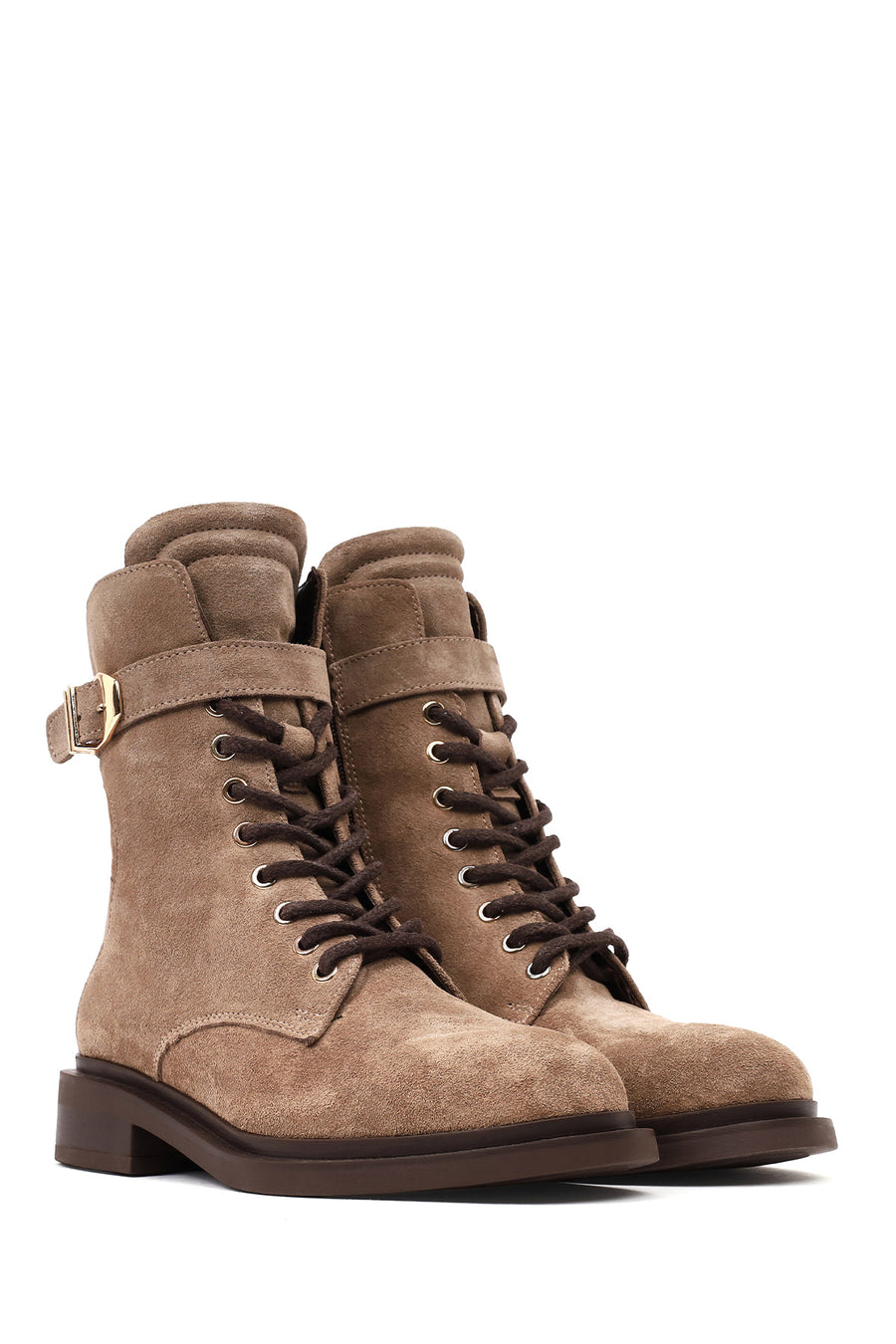 Woman Mink Zip Closure Lace-up Suede Combat Boots
