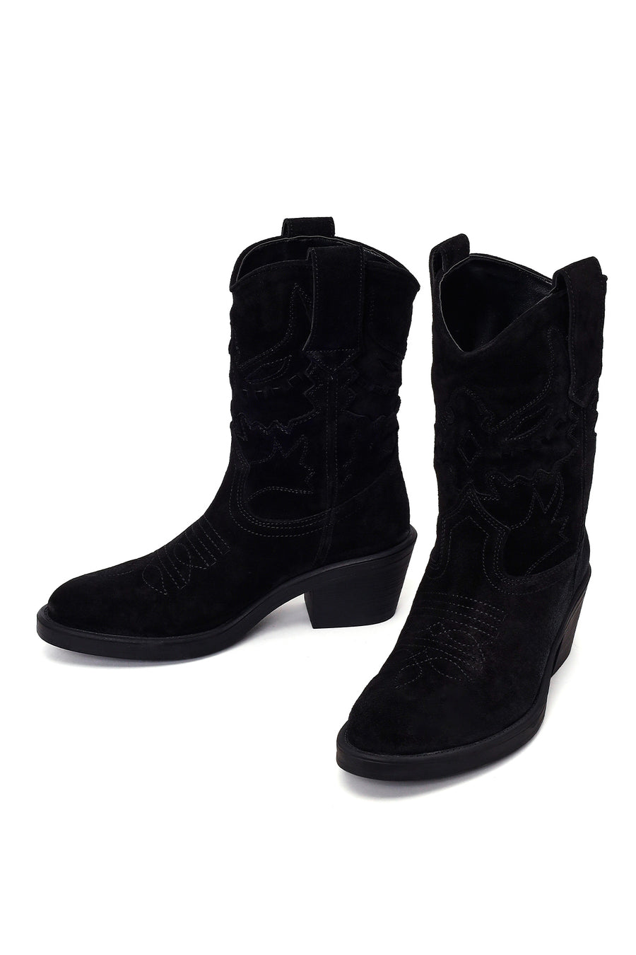 Woman Black Short Chunky-Heel Suede Cowboy Boots