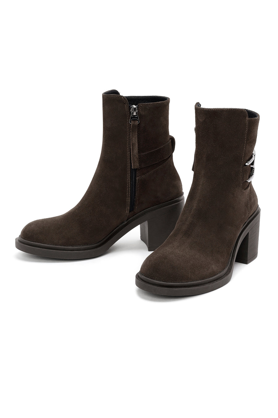 Women's Brown Heeled Zippered Suede Leather Boots