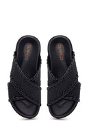 Woman Black Knitted Patterned Leather Slipper | Derimod