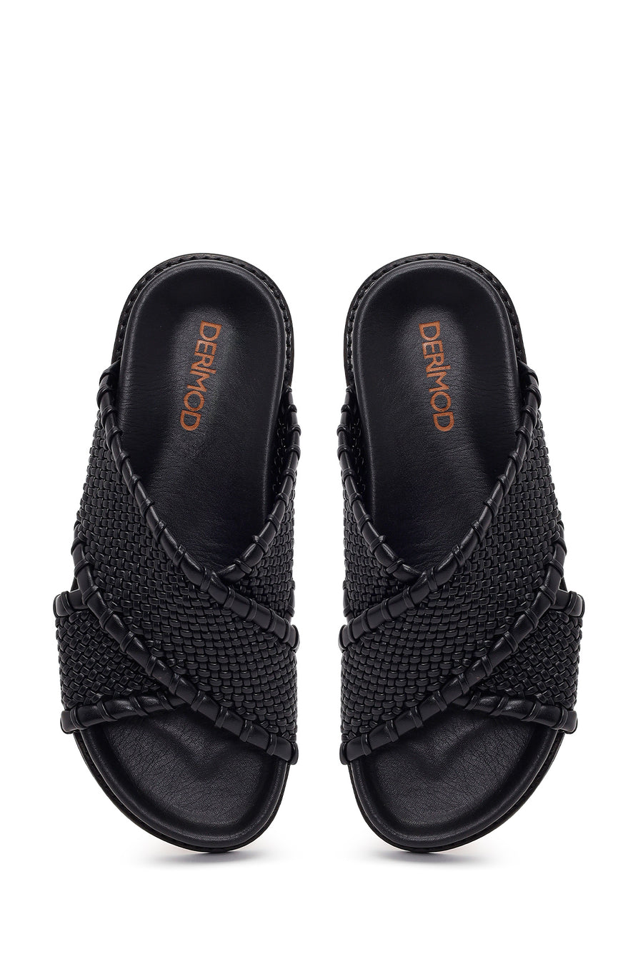 Woman Black Knitted Patterned Leather Slipper