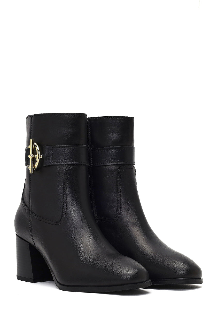 Women's Black Zippered Thick Heeled Leather Boot