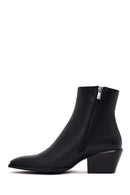 Woman Black Zip Closure Short Thick-Heeled Leather Cowboy Boots | Derimod