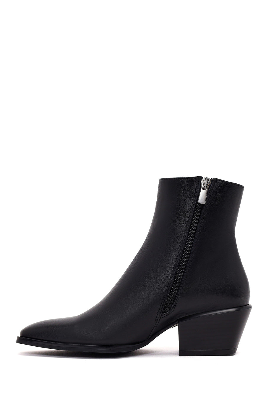 Woman Black Zip Closure Short Thick-Heeled Leather Cowboy Boots