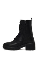 Woman Black Zip Closure Thick-heeled Leather Combat Boots | Derimod