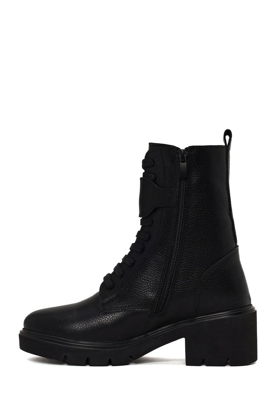 Woman Black Zip Closure Thick-heeled Leather Combat Boots