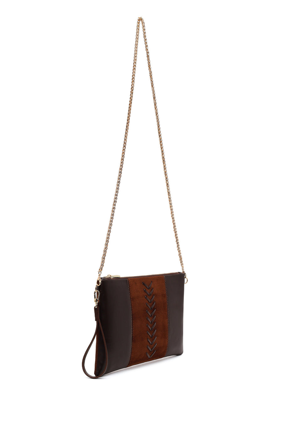 Woman Brown Chain Strap Braided Clutch Bag