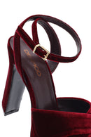 Women's Burgundy Ankle Buckle Platform High Thick Heel Velvet Sandals | Derimod