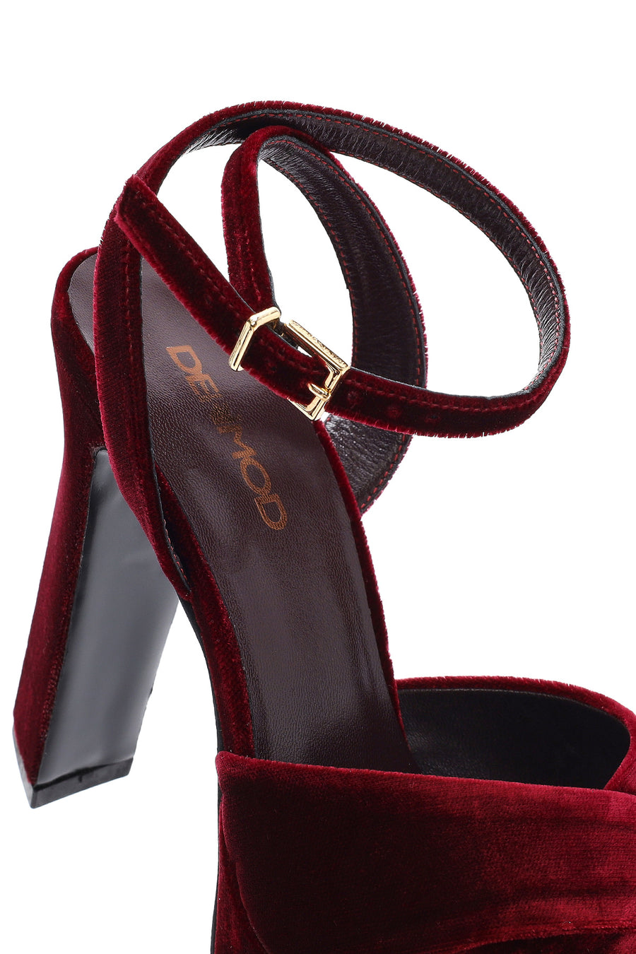 Women's Burgundy Ankle Buckle Platform High Thick Heel Velvet Sandals