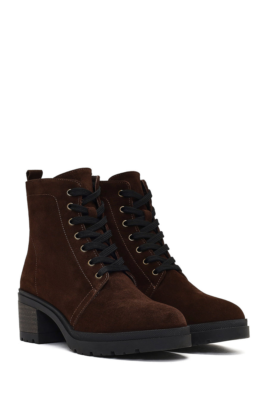 Women's Brown Zippered Thick Heeled Suede Leather Boot