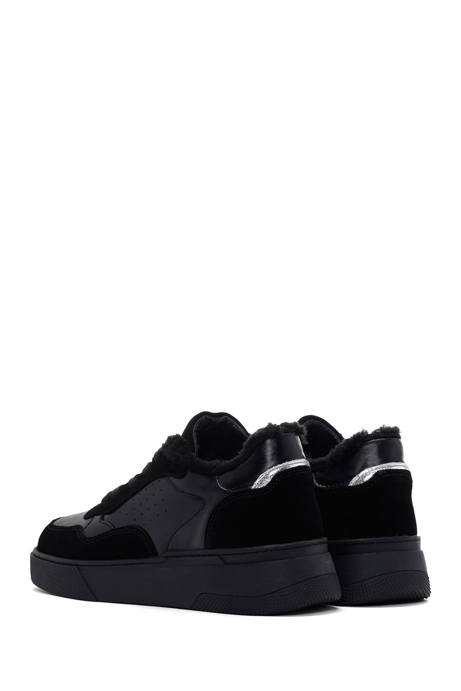 Women's Black Thick Sole Furry Leather Sneaker