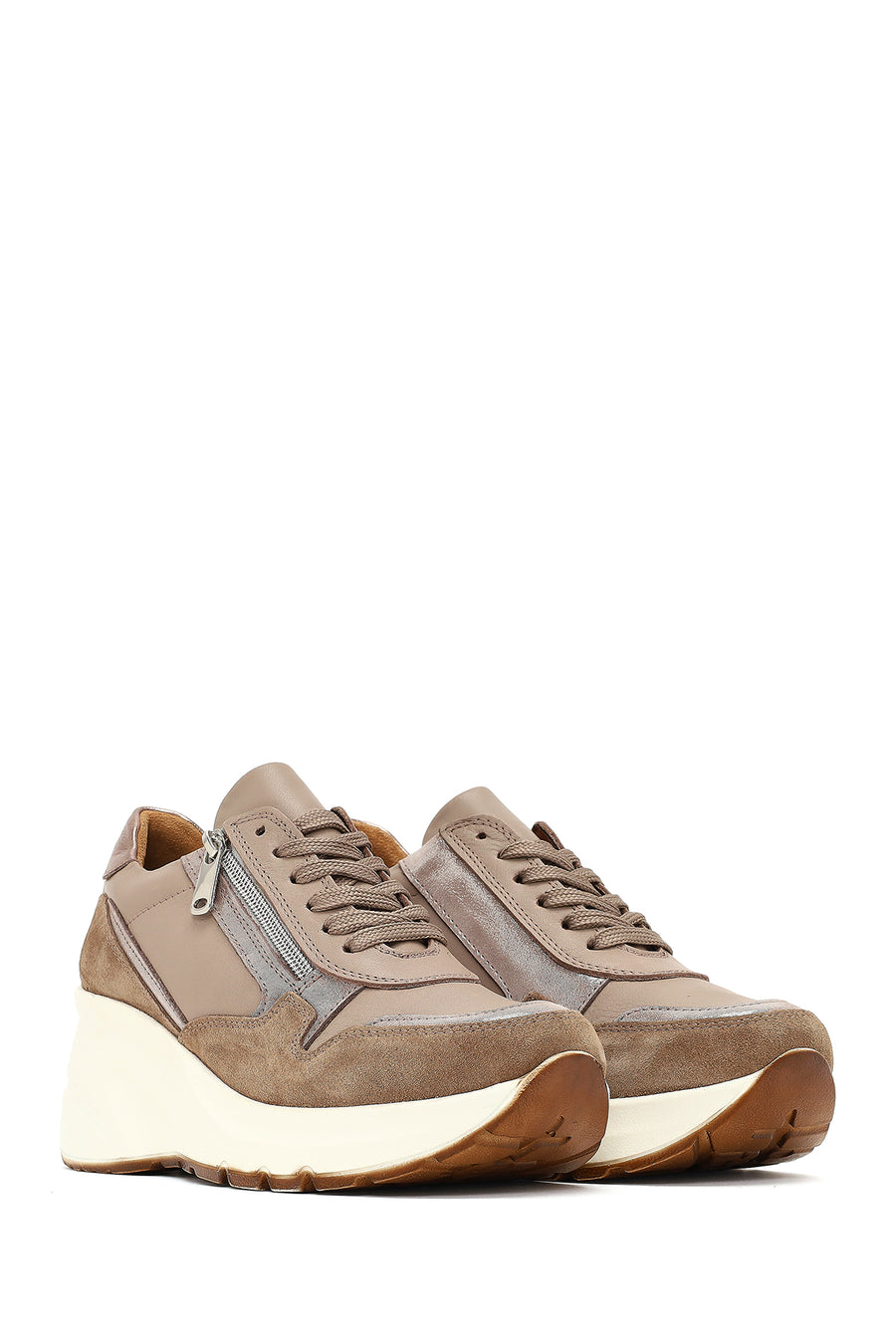 Women's Mink Lace-Up Zipper Detailed Wedge Heel Leather Sneaker