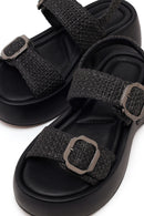 Women's Black Double Buckle Thick-Soled Braided Sandals | Derimod