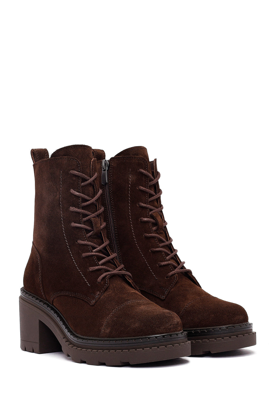 Women's Brown Zippered Thick Heeled Suede Leather Ankle Boots