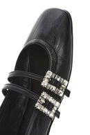 Women's Black Double Buckled Stoned Leather Ballerinas | Derimod
