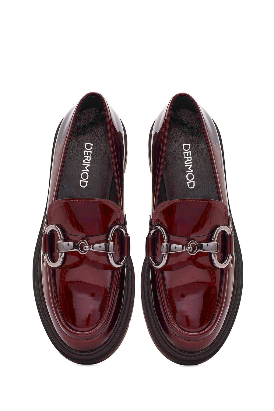 Women's Burgundy Buckle Detailed Patent Leather Masculine Loafer