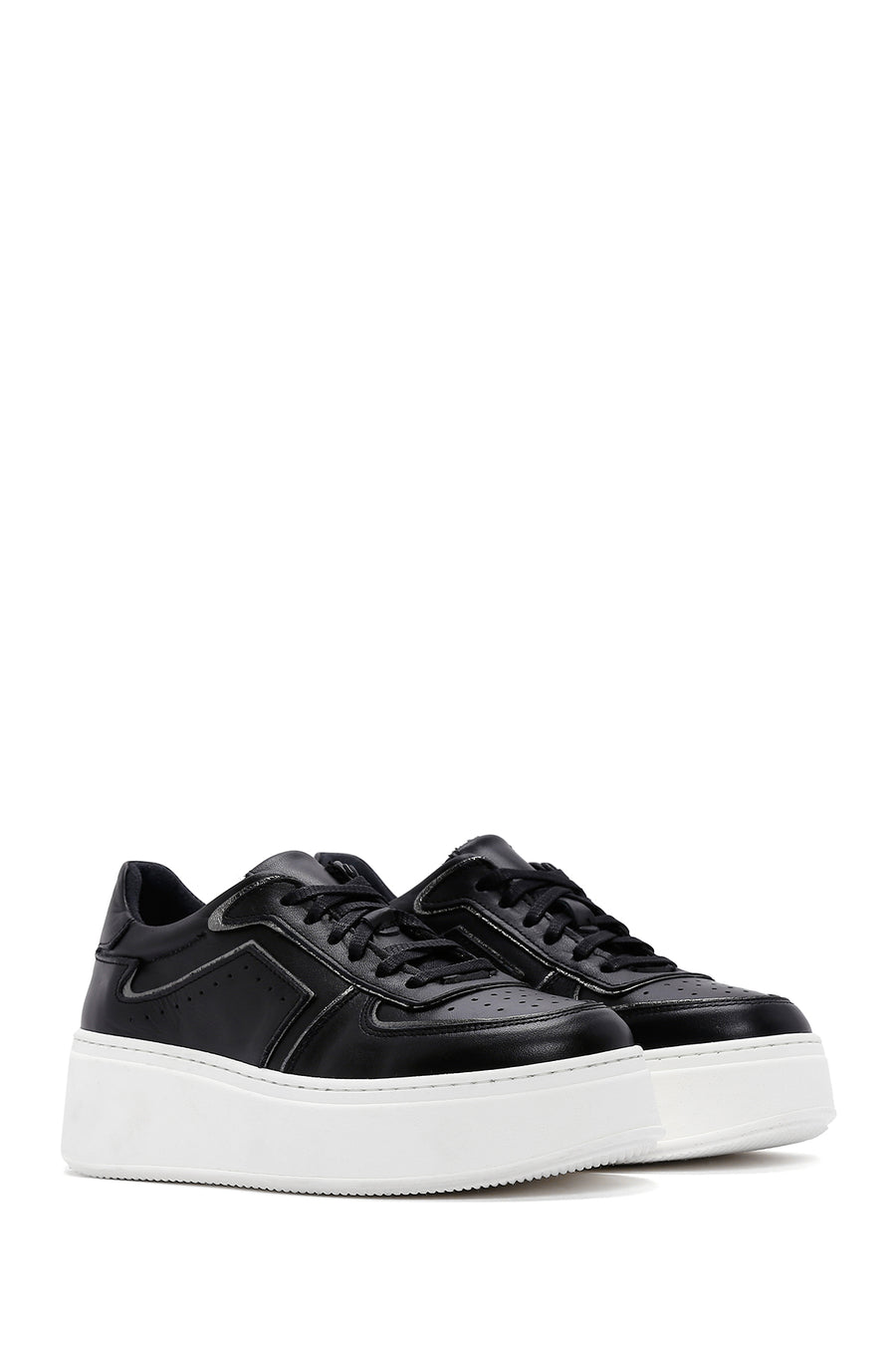 Women's Black Leather Thick Soled Sneaker