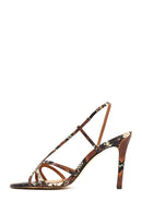 Women's Brown High Thin Heel Patterned Leather Sandals | Derimod
