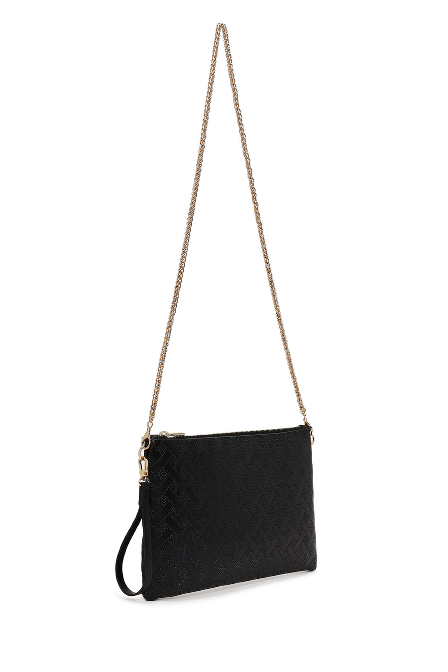 Woman Black Printed Clutch Bag with Long Chain Strap