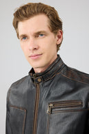 Felibe Men Black Stand Collar Vintage Leather Jacket | Derimod