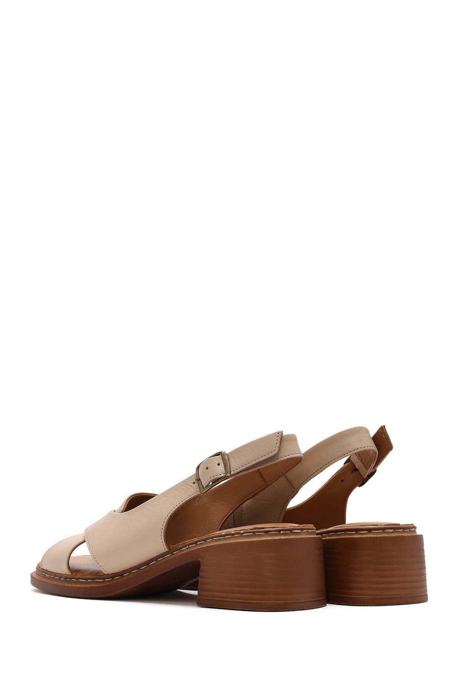 Women's Beige Ankle Buckle Low Heel Leather Sandals