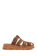 Women's Brown Thick Soled Suede Leather Slippers | Derimod