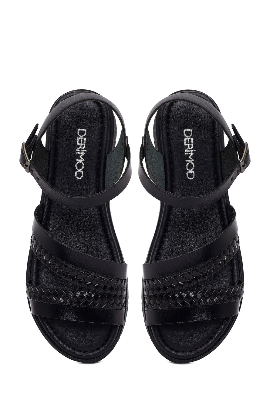 Woman Black Strappy Thick-Soled Braided Leather Bodrum Sandal