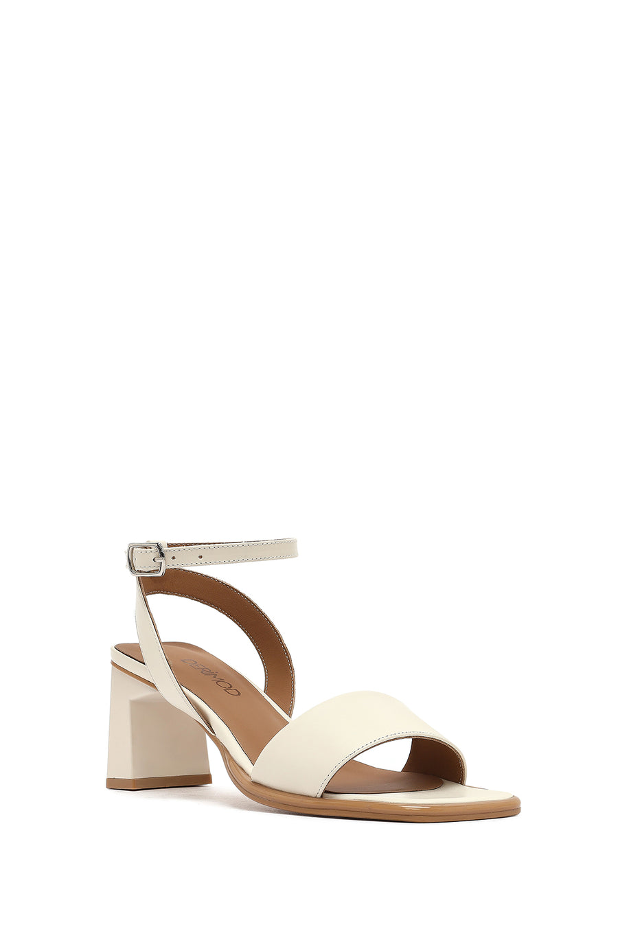 Women's Cream Ankle Buckle Thick Heel Leather Sandals
