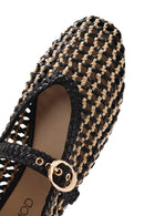 Women's Black Buckled Straw Leather Ballerinas | Derimod