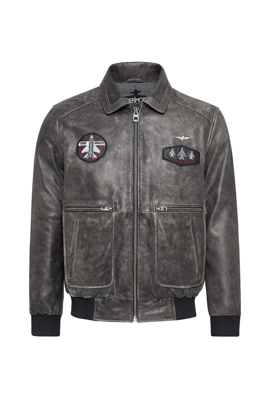 Hurricane Men's Grey Fur Collar Pilot Leather Jacket with Emblem
