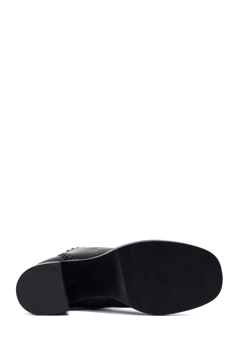 Woman Black Zip Closure Thick-Heeled Leather Boots