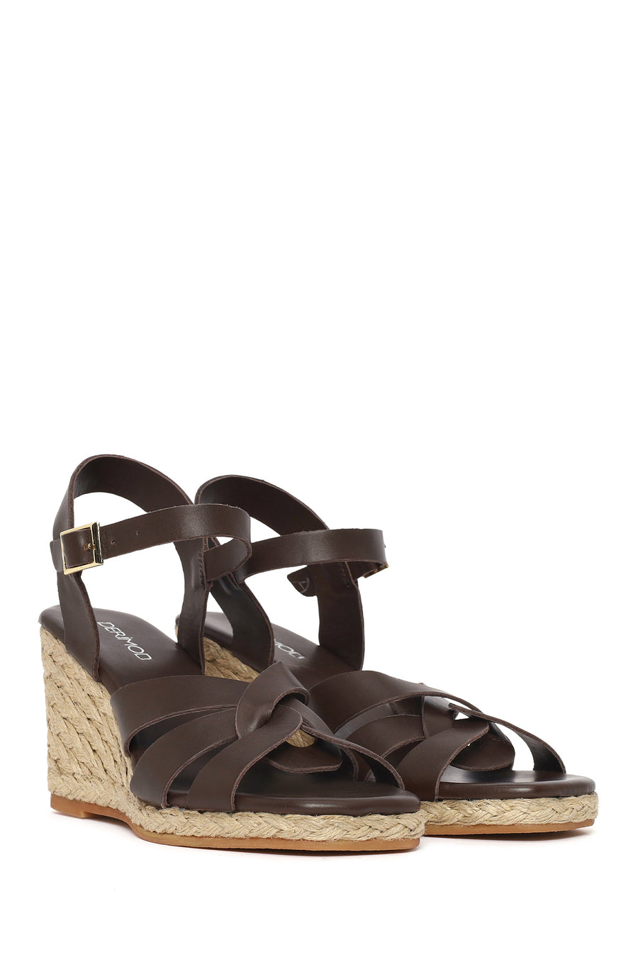 Woman Brown Ankle-Strap Buckled Wedge-Heel Leather Espadrilles Sandal