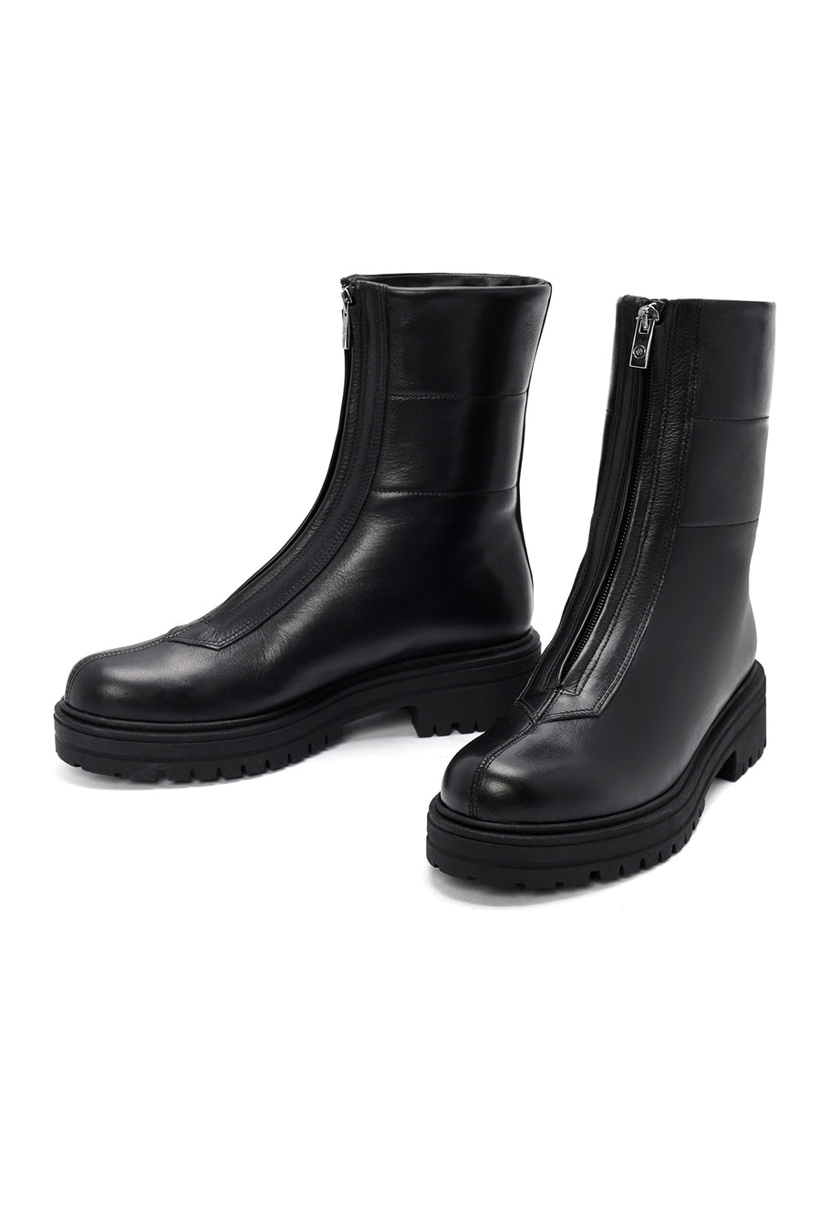 Woman Black Front Zipper Leather Boat