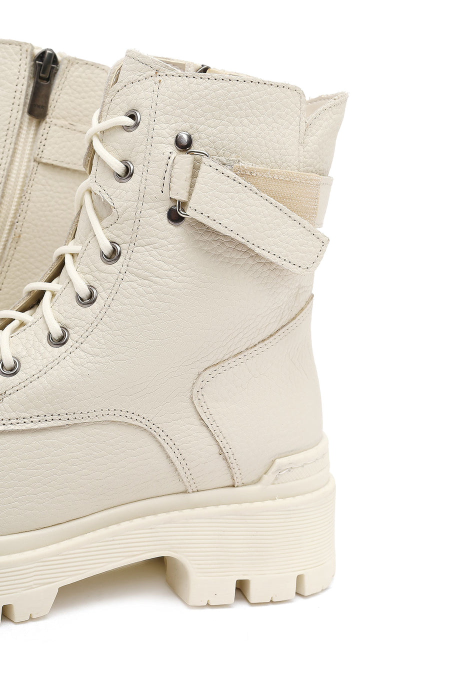 Woman Beige Lace-Up Zippered Thick Sole Leather Postal Boots