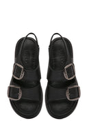 Women's Black Thick Soled Leather Comfort Sandals | Derimod