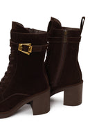 Woman Brown Zip Closure Chunky Heeled Suede Combat Boots | Derimod