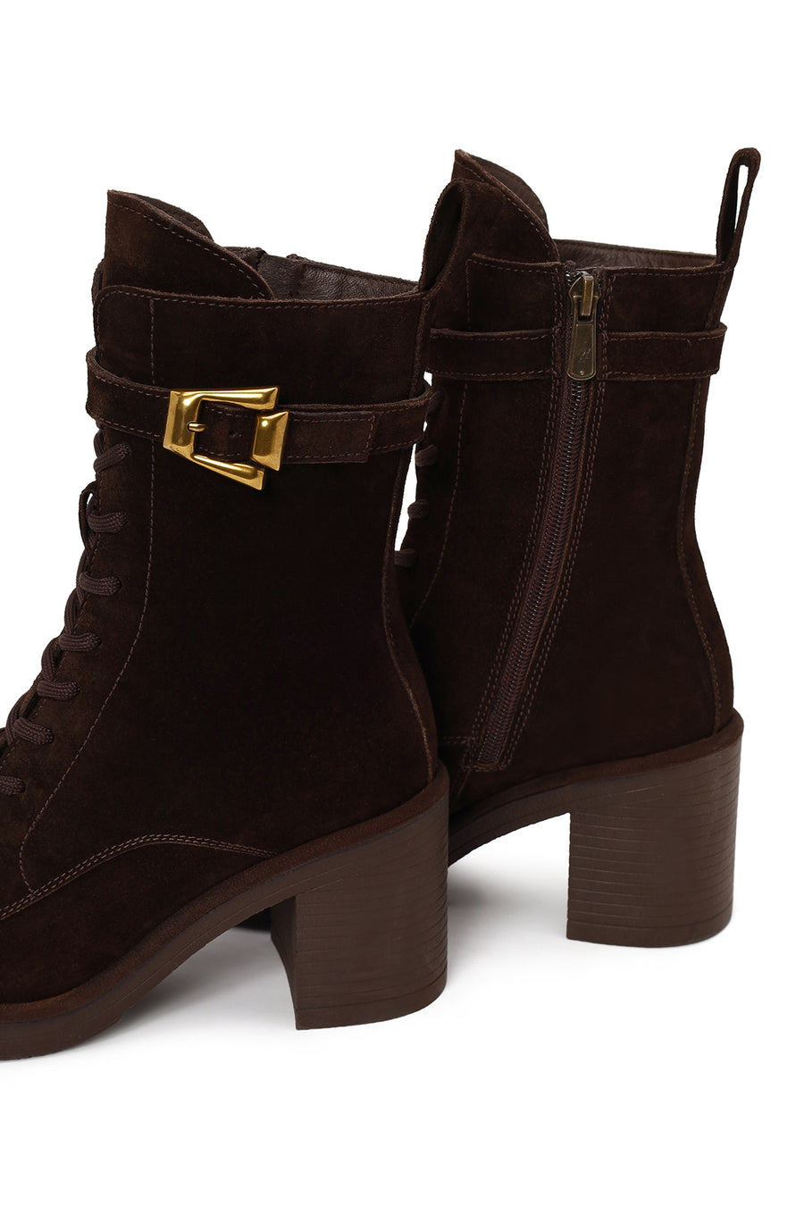Woman Brown Zip Closure Chunky Heeled Suede Combat Boots