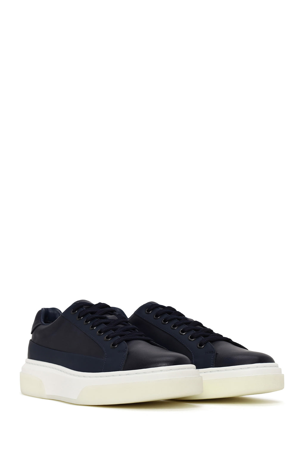 Erkek Lacivert Bağcıklı Kalın Tabanlı Deri Sneaker