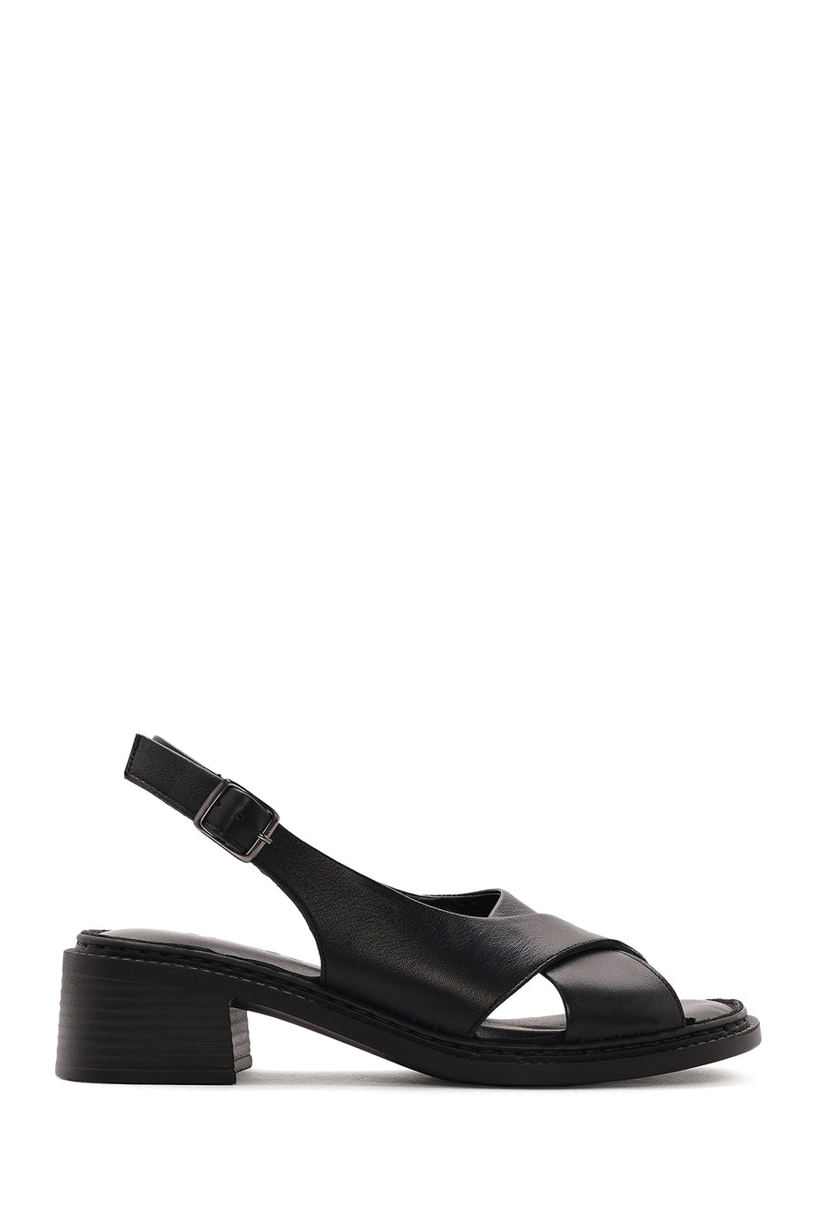 Women's Black Ankle Buckle Low Heel Leather Sandals 26SFD341418 | Derimod
