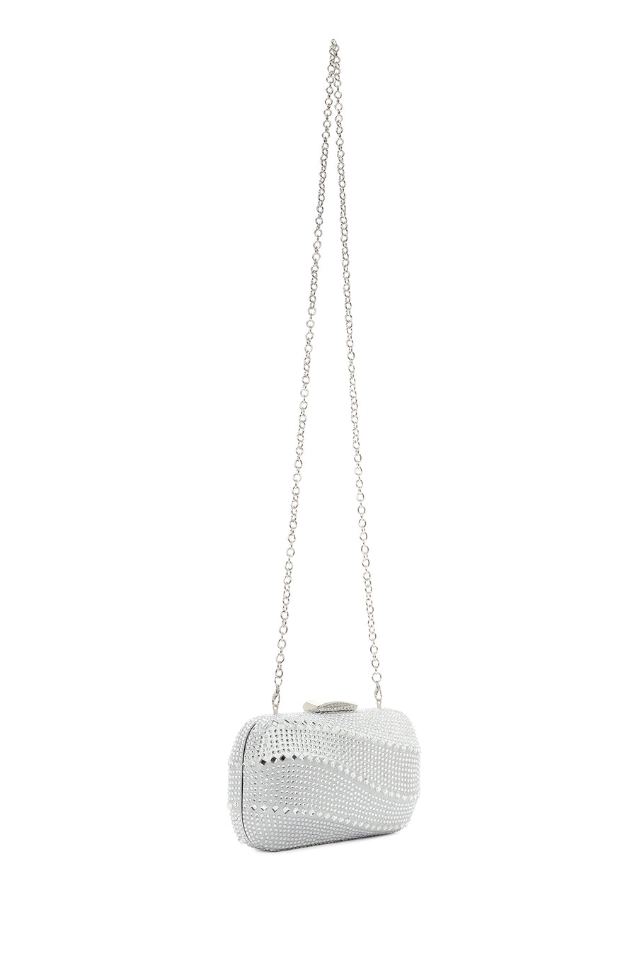 Women's Silver Long Chain Strap Stone Mini Box Evening Bag