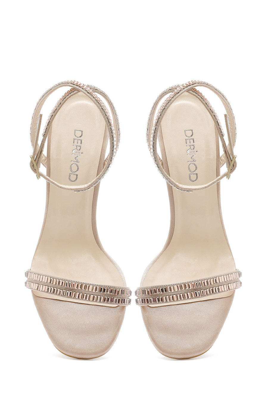 Women's Beige Ankle Buckle Stoned Thin Heel Sandals
