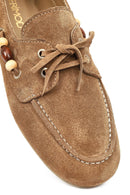 Women's Tan Suede Leather Loafer with Accessory Details | Derimod