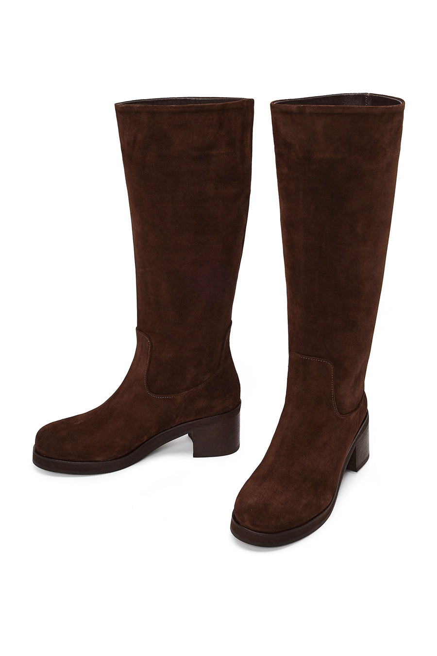 Woman Brown Thick Heeled Suede Boots