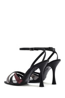 Women's Black Ankle Strap Thin High Heel Patterned Leather Sandals | Derimod