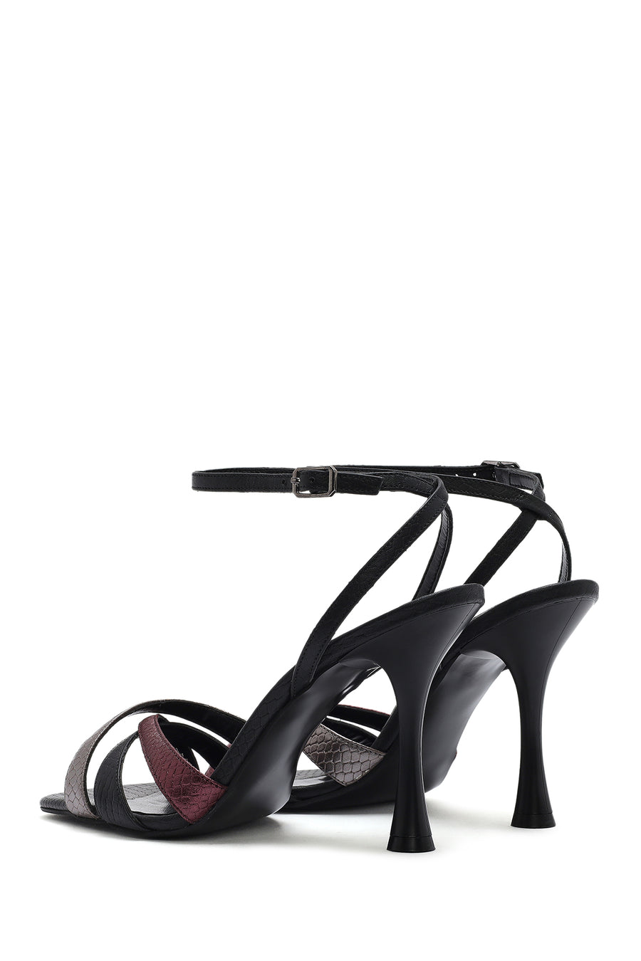 Women's Black Ankle Strap Thin High Heel Patterned Leather Sandals