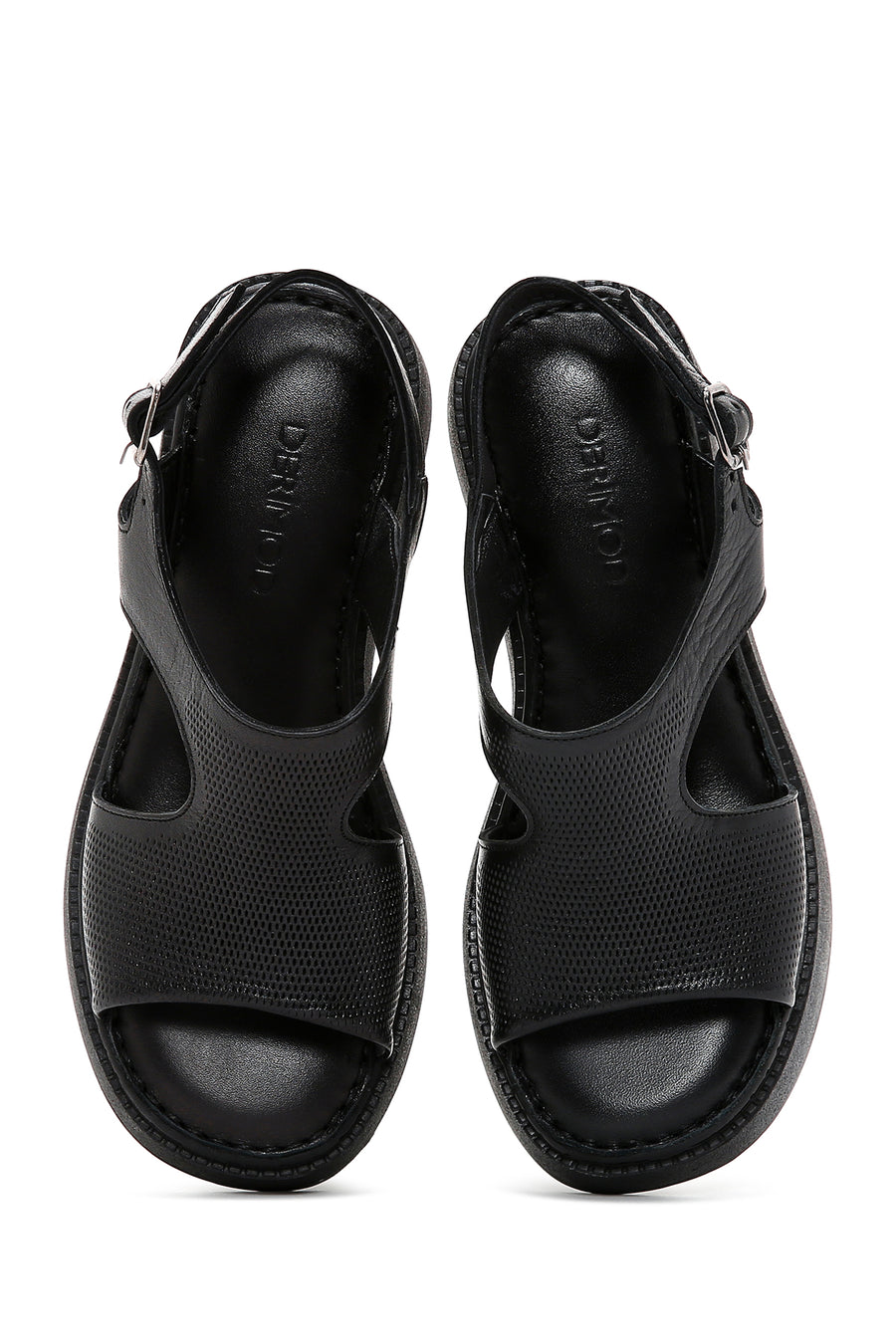 Women's Black Ankle Strap Wedge Heeled Leather Comfort Sandals